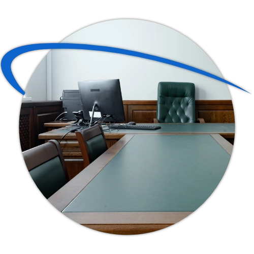 Law office desk with computer and leather chair