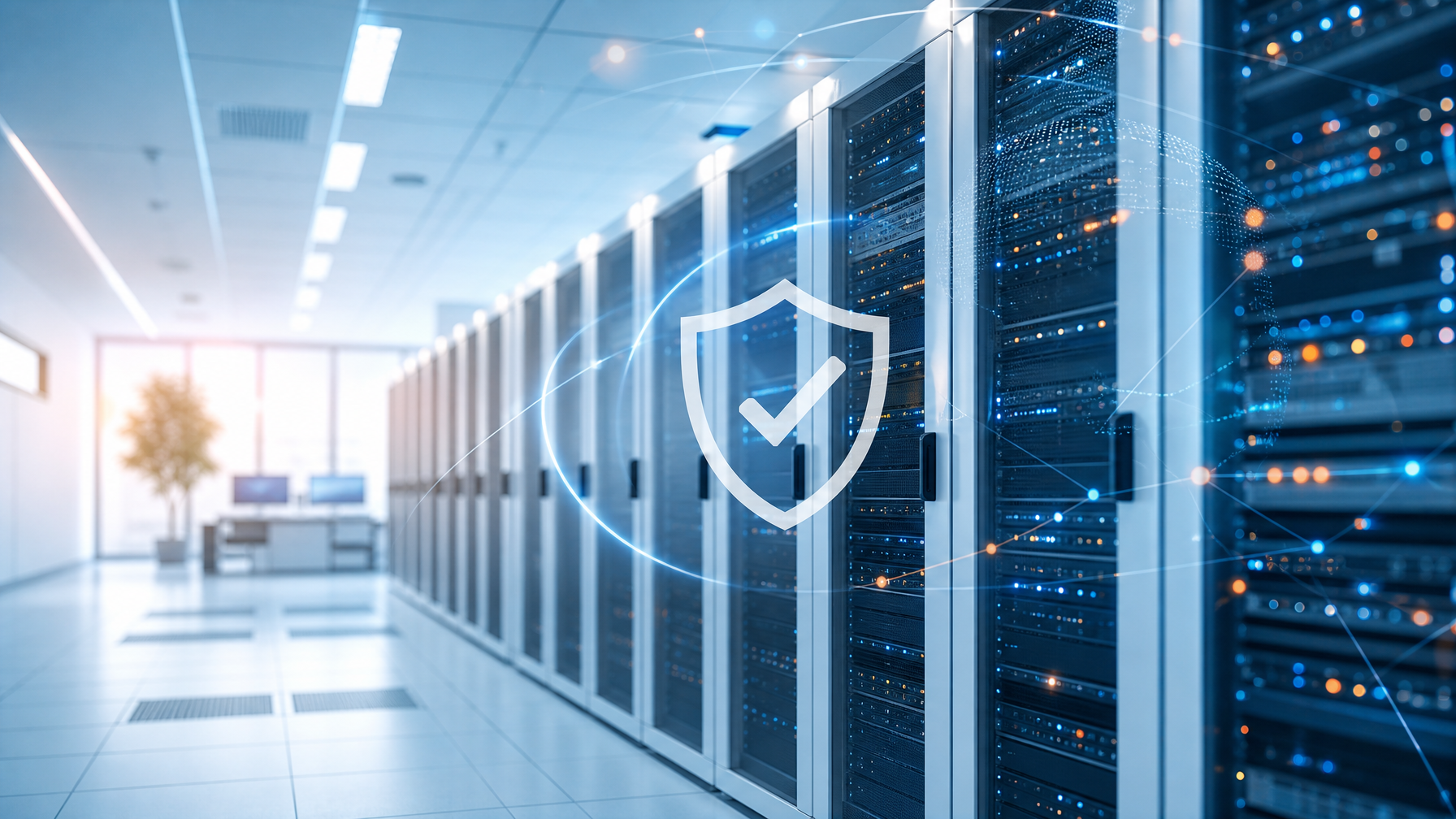 Business continuity planning concept showing a secure data center with blue and white lighting