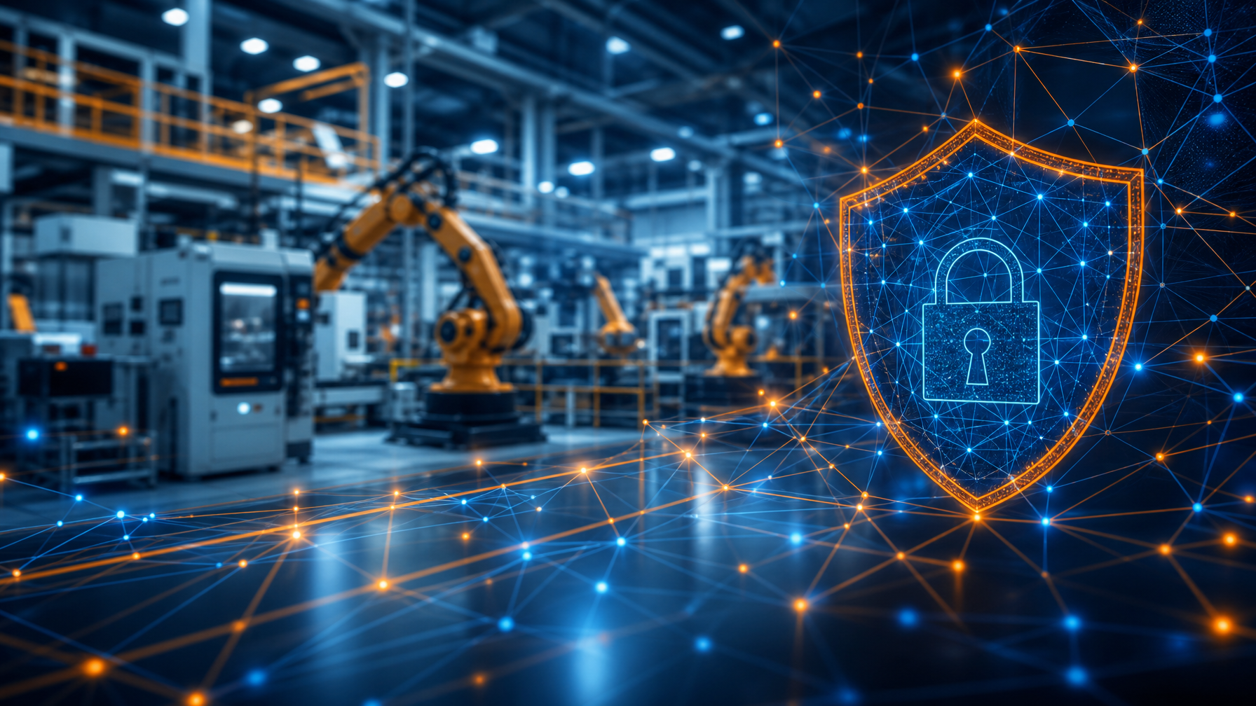 Manufacturing facility with digital network and cybersecurity overlay representing IT support for manufacturing