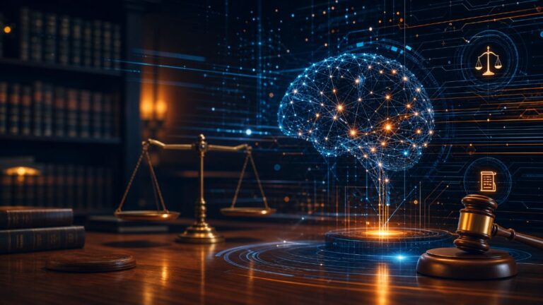 AI interface overlaid on a law office setting representing Claude for Legal and legal technology