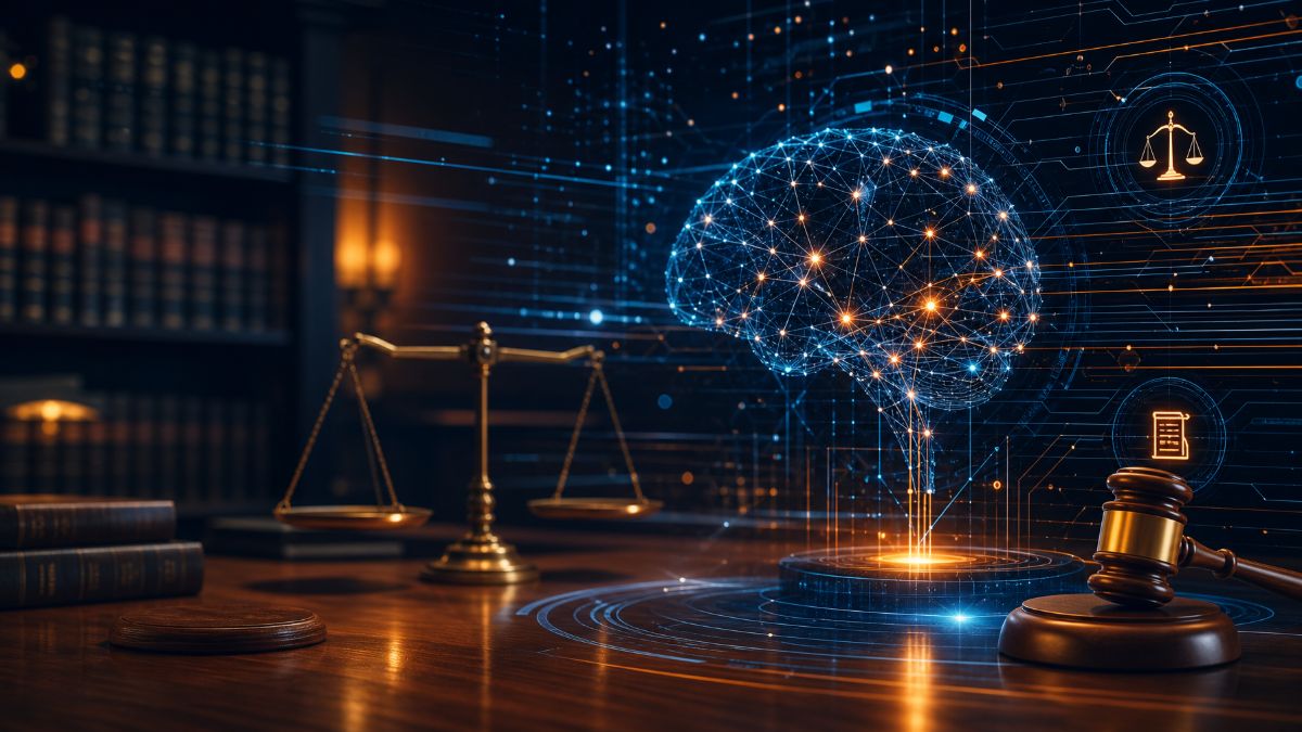 AI interface overlaid on a law office setting representing Claude for Legal and legal technology