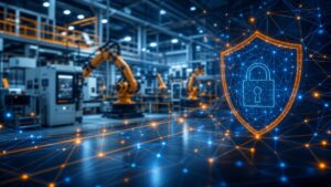 Manufacturing facility with digital network and cybersecurity overlay representing IT support for manufacturing