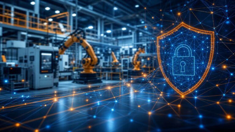Manufacturing facility with digital network and cybersecurity overlay representing IT support for manufacturing