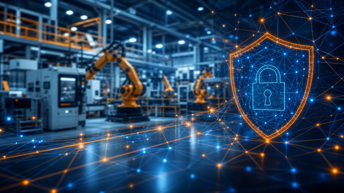 Manufacturing facility with digital network and cybersecurity overlay representing IT support for manufacturing