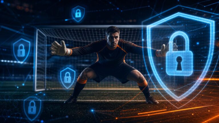 Soccer goalkeeper in defensive stance with cybersecurity shield icons overlaid. Illustrating proactive cybersecurity for small businesses