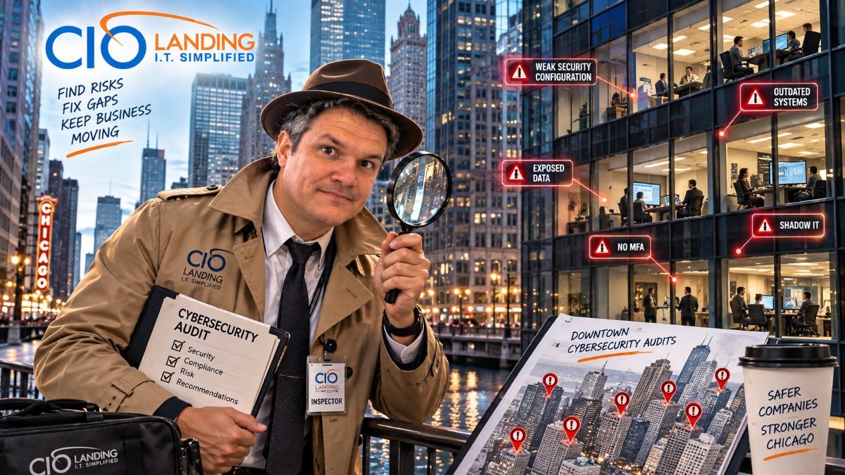 CIO Landing inspector with a magnifying glass reviewing downtown Chicago offices for cybersecurity audit risks such as no MFA, outdated systems and exposed data