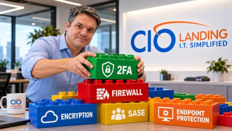 CIO Landing team member stacking building blocks labeled 2FA, firewall, encryption, SASE and endpoint protection