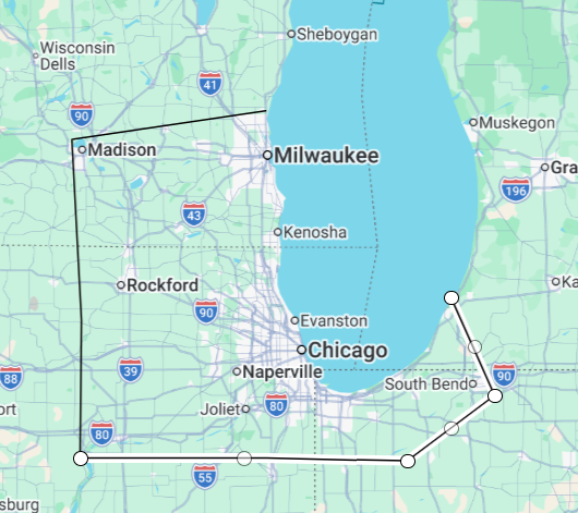 Map of the area where CIO Landing has clients: southern Wisconsin (Madison, Milwaukee, Kenosha), Chicagoland and Northwest Indiana